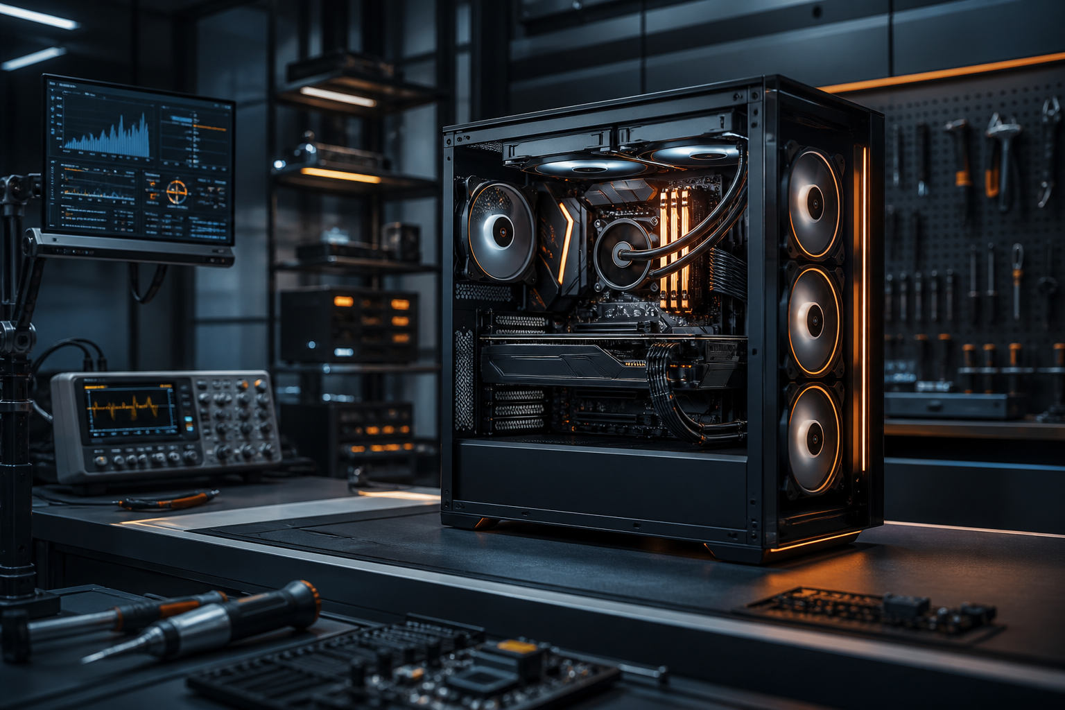 AIGAMEPC gaming computer undergoing professional performance testing in a technology lab